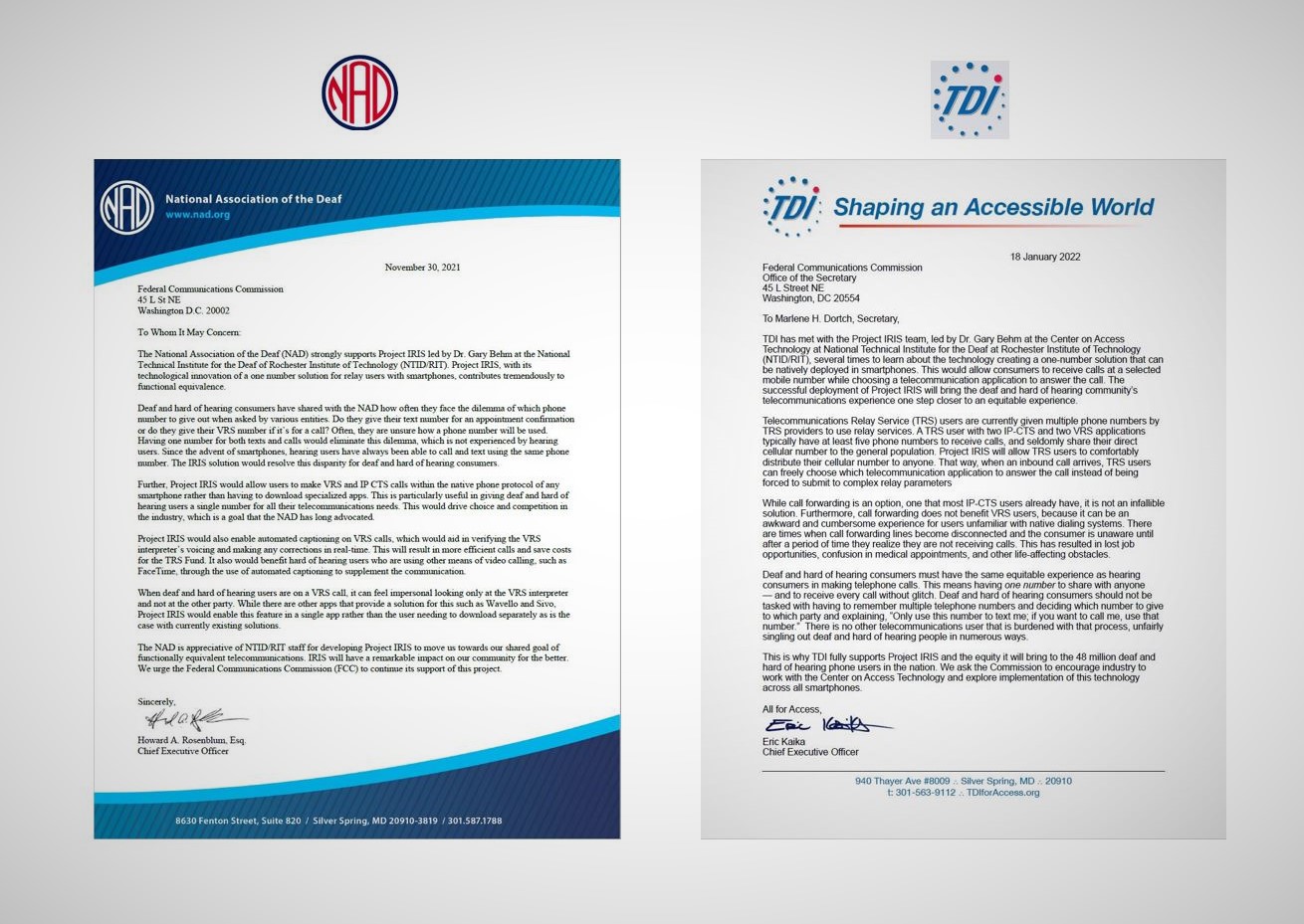 two letters of support from NAD and TDI 