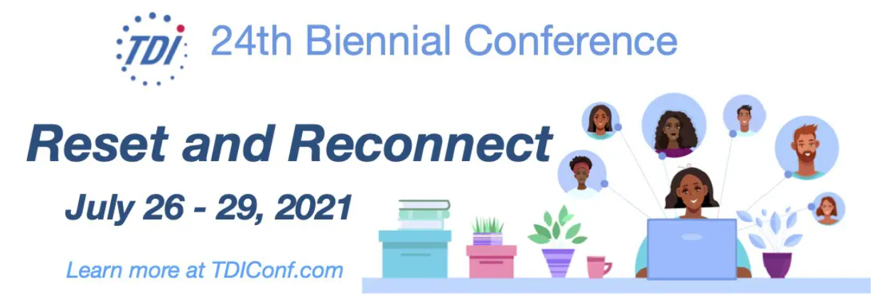 The image contains the title of "TDI Conference" in a blue font. There is a image of person of color sitting with a laptop. There is a web above the person connecting with other humans. 