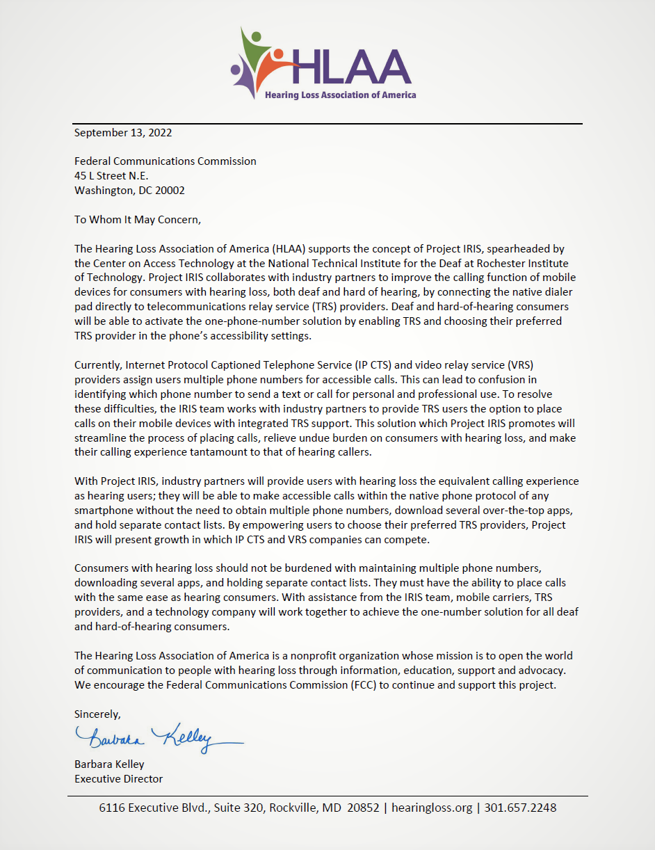 HLAA Letter of support